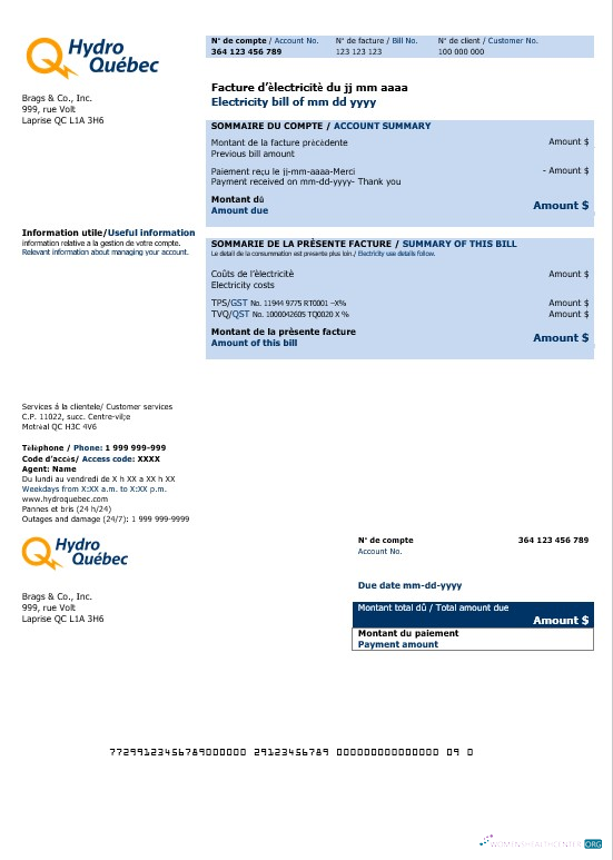 Download Canada Hydro Quebec business utility bill template in Word and PDF formats (2) Photoshop template